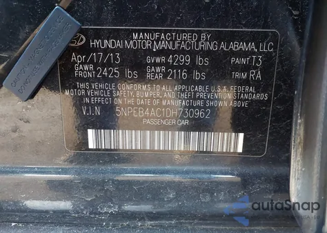 2013 Hyundai Sonata Gls from USA, damaged, VIN 5NPEB4AC1DH730962